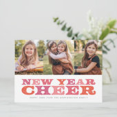 Nieuwjaar Cheer drie fotokleurige feestkaart Feestdagenkaart (Staand voorkant)