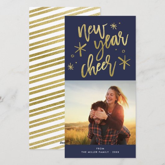 Nieuwjaar Cheer Gold Starburst Foto Feestdagenkaart (Voorkant / Achterkant)