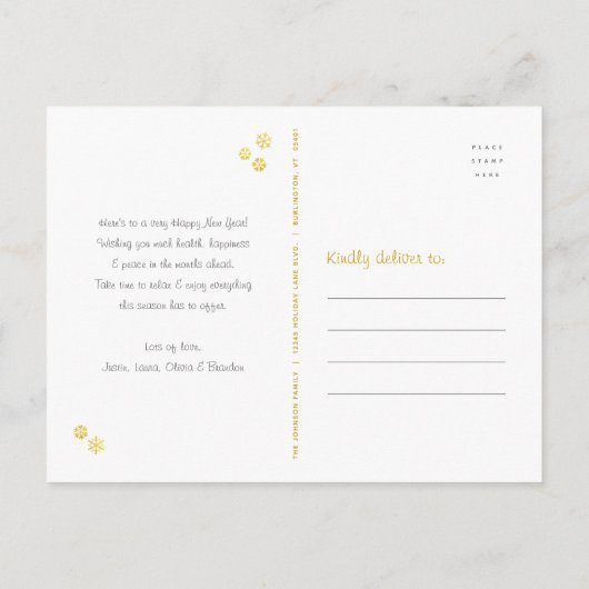 Nieuwjaar Cheer Modern Script Chic Gold Stippen Fo Feestdagenkaart (Achterkant)