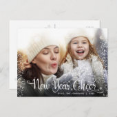 Nieuwjaar Cheer Modern Script Witte Sneeuwvlok Fot Feestdagenkaart (Voorkant / Achterkant)