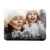 Nieuwjaar Cheer Photo White Script Snowflakes Magneet (Horizontaal)
