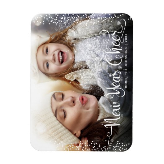 Nieuwjaar Cheer Photo White Script Snowflakes Magneet (Verticaal)