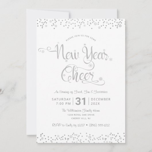 Nieuwjaar Cheer Silver White Script Confetti Party Kaart (Voorkant)