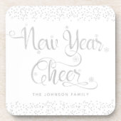 Nieuwjaar Cheer Wit Zilver Script Sneeuwvlokken Bier Onderzetter (Voorkant)