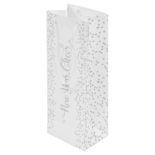 Nieuwjaar Cheer, Zilveren Glitter Sneeuwvlokken op Wijn Cadeautas (Achterkant Gekanteld)
