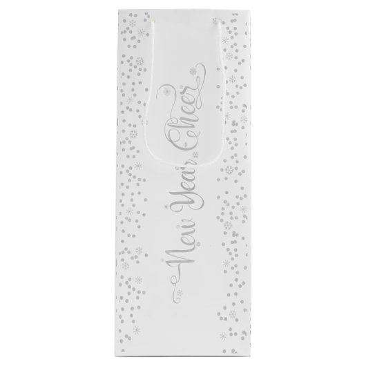 Nieuwjaar Cheer, Zilveren Glitter Sneeuwvlokken op Wijn Cadeautas (Voorkant)
