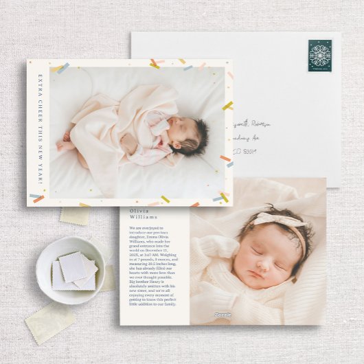 Nieuwjaar Confetti Modern Birth Announcement Feestdagenkaart