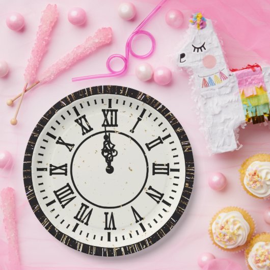 Nieuwjaar Confetti op klok en vuurwerk Papieren Bordje (Feest)