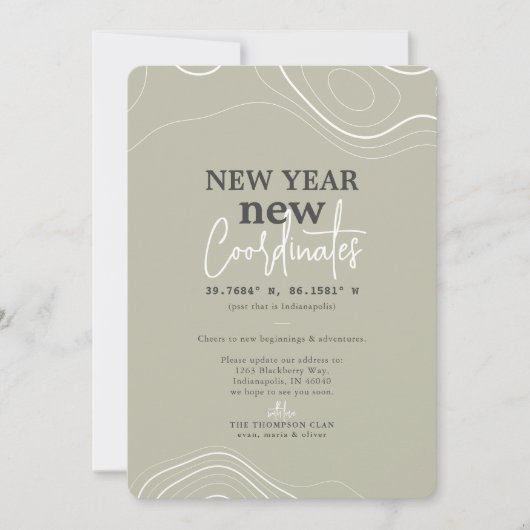 Nieuwjaar coördineert groene bewegende aankondigin feestdagenkaart (Voorkant)