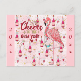Nieuwjaar Cute Pink Flamingo Champagne Briefkaart
