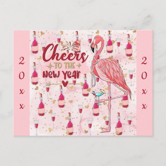 Nieuwjaar Cute Pink Flamingo Champagne Briefkaart (Voorkant)