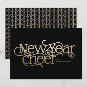 Nieuwjaar elegant Art Deco typografie zwart goud Feestdagenkaart