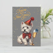 Nieuwjaar Eve Westie met champagne kaart (Staand voorkant)