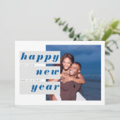 Nieuwjaar foto Blue Grey Block Typografie Overlap Feestdagenkaart (Staand voorkant)