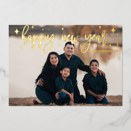 Nieuwjaar Gold Foil Foto Holiday in modern script Folie Feestdagenkaart