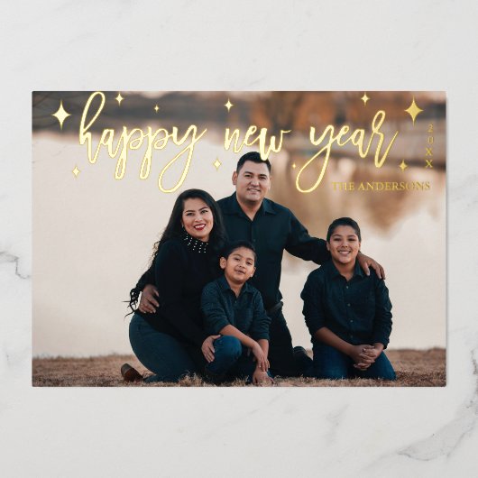 Nieuwjaar Gold Foil Foto Holiday in modern script Folie Feestdagenkaart (Voorkant)