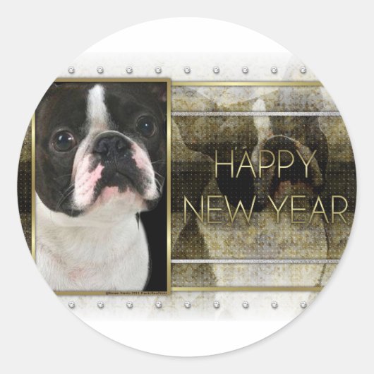 Nieuwjaar - Golden Elegance - Boston Terrier Ronde Sticker (Voorkant)