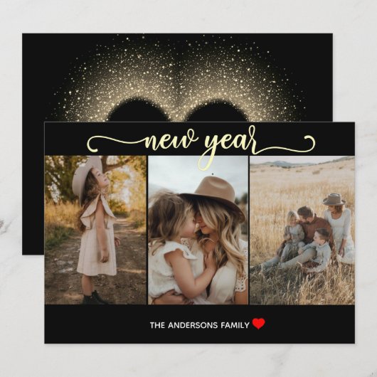Nieuwjaar | Goud zwart | 3 Fotokaart Feestdagenkaart (Voorkant / Achterkant)