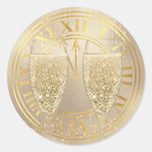 Nieuwjaar gouden champagne-bril op klok ronde sticker (Voorkant)