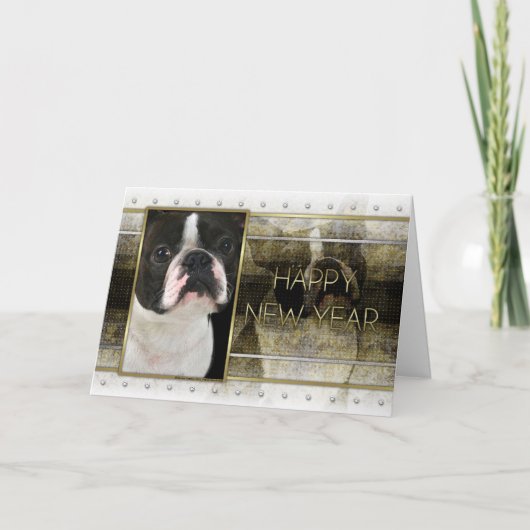 Nieuwjaar - Gouden Elegantie - Boston Terrier Feestdagen Kaart (Voorkant)