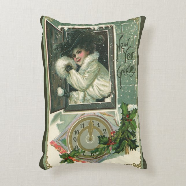  Nieuwjaar Groeten, Victoriaans Meisje Venster Accent Kussen (Voorkant(Verticaal))