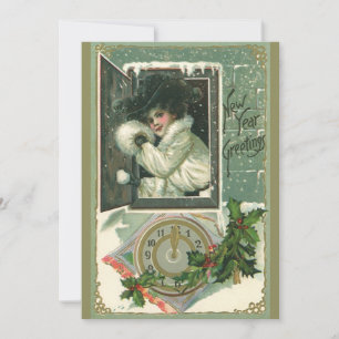 Nieuwjaar Groeten, Victoriaans Meisje Venster Kaart
