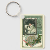  Nieuwjaar Groeten, Victoriaans Meisje Venster Sleutelhanger (Voorkant)