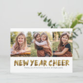 Nieuwjaar juichen goud drie foto feestdagenkaart (Staand voorkant)
