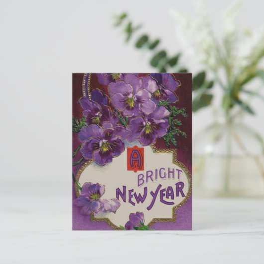 Nieuwjaar met Paarse Bloemen Feestdagenkaart (Staand voorkant)