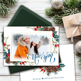 Nieuwjaar met Spruce takken Foto Wenskaart Aankondiging
