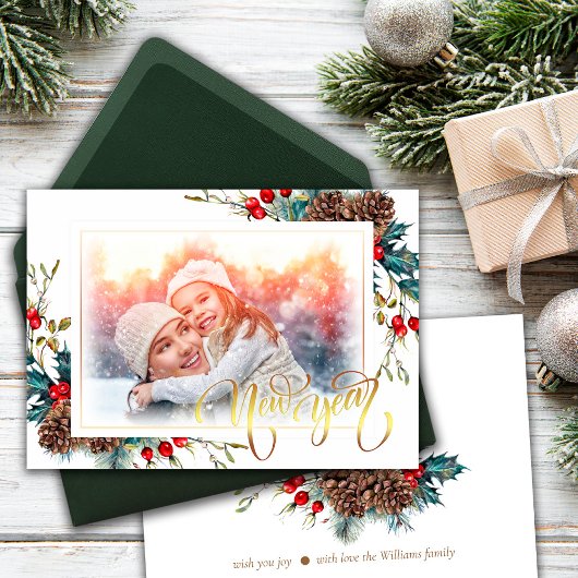 Nieuwjaar met Spruce takken Foto Wenskaart Aankondiging