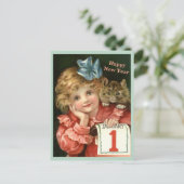 Nieuwjaar mooi meisje en Kitten Briefkaart (Staand voorkant)