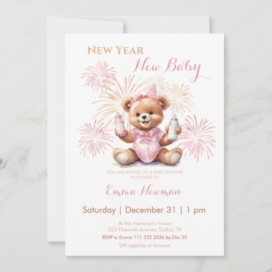 Nieuwjaar Roze Meisje Baby shower Invitation Kaart (Voorkant)
