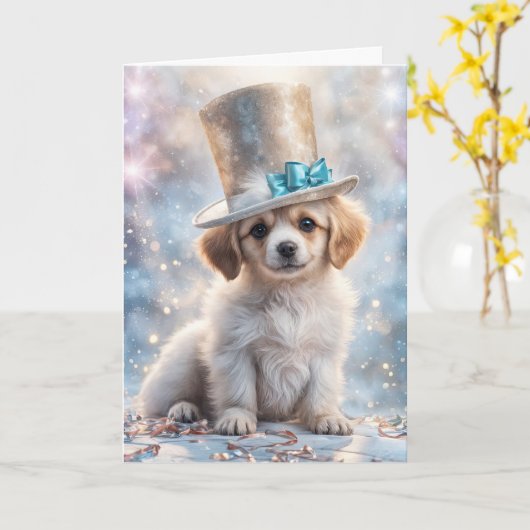 Nieuwjaar Schattigee Puppy Sweet Face met Top Hat Kaart (Gele Bloem)