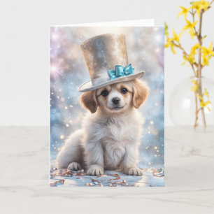 Nieuwjaar Schattigee Puppy Sweet Face met Top Hat Kaart