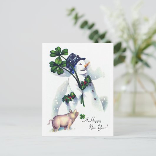 Nieuwjaar Sneeuwman met Lucky Pig Feestdagenkaart (Staand voorkant)