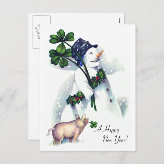 Nieuwjaar Sneeuwman met Lucky Pig Feestdagenkaart (Voorkant / Achterkant)