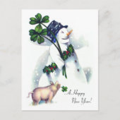 Nieuwjaar Sneeuwman met Lucky Pig Feestdagenkaart (Voorkant)