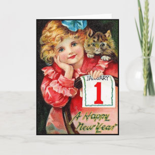  Nieuwjaar Stempel met Jong Meisje en Kat Feestdagen Kaart
