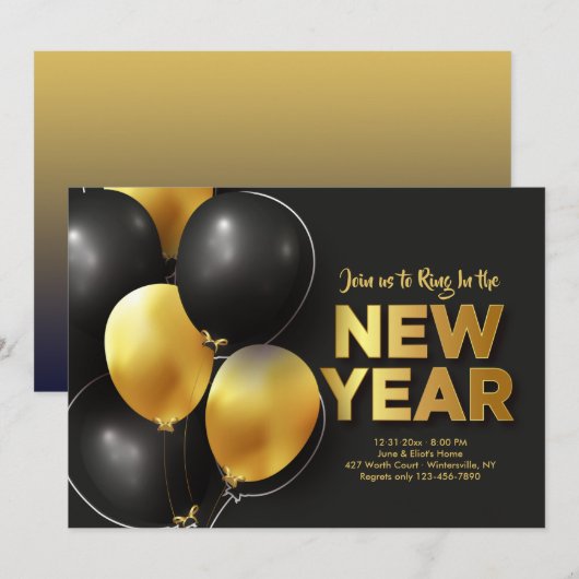 Nieuwjaar uitnodiging voor zwart en goud (Voorkant / Achterkant)