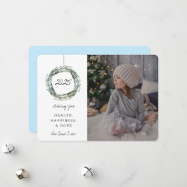 Nieuwjaar Vakantie Fotokaart Bloemenkrans Blauw Feestdagenkaart