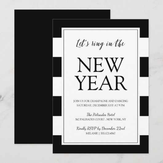 Nieuwjaar van het moderne zwart-wit kaart (Voorkant / Achterkant)