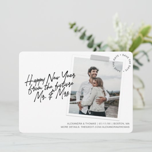Nieuwjaar Verloving Bewaar de datumfoto Feestdagenkaart (Staand voorkant)