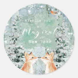 Nieuwjaar Wintervakantie Sneeuw Fox Woodland Ronde Sticker