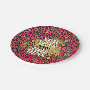 Nieuwjaar Zelfde Hot Pink Mess Gold Glitter Leopar Papieren Bordje