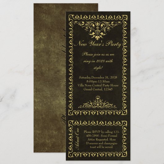 Nieuwjaar Zwart en Goud Ticket Uitnodigingen (Voorkant / Achterkant)