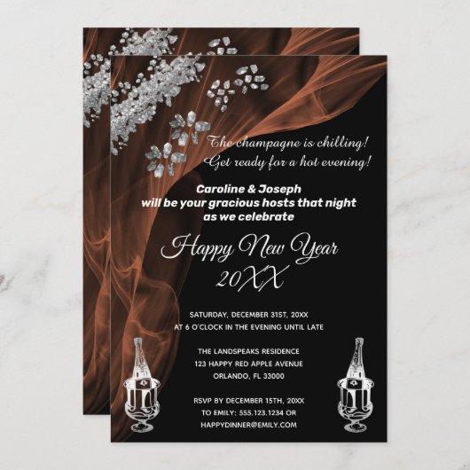 Nieuwjaar zwart en zilveren champagne kaart (Voorkant / Achterkant)