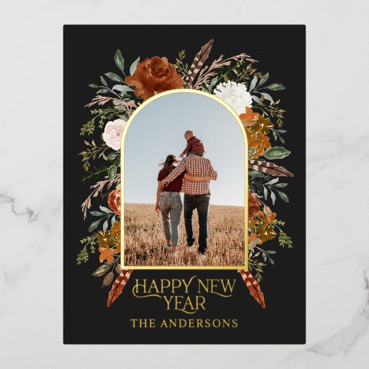 Nieuwjaarbudget botanische elegant zwart tradition folie feestdagen briefkaart (Voorkant)