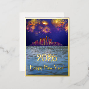 Nieuwjaars gouden vuurwerk boven de stad 2026 folie feestdagen briefkaart