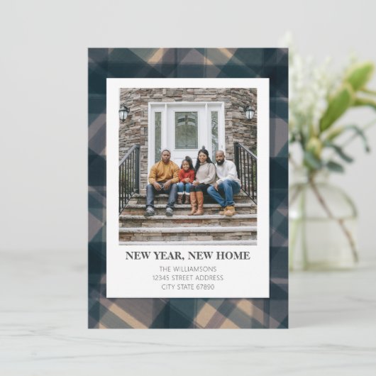 Nieuwjaars Nieuw Thuis Adres Foto Rustieke Blauw G Feestdagenkaart (Staand voorkant)